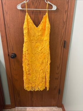 Lulu's Yellow Floral Lace Spaghetti Strap Midi Dress